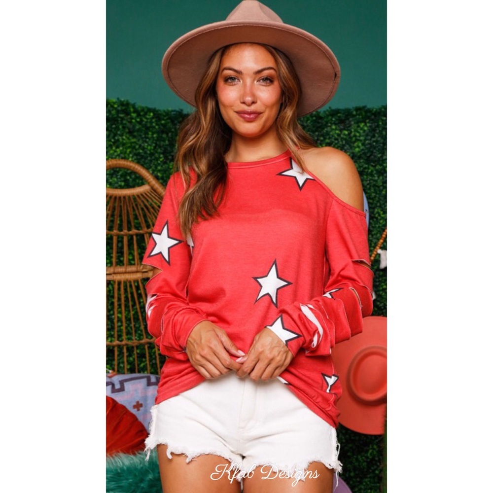 LAST 1! French Terry Star Print Red Cutout Laser Slashed Sleeve Top - Picture 5 of 9